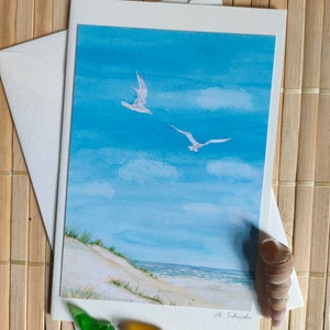 Watercolor folding card sea/beach/seagulls, art card, greeting card, small watercolor, maritime card, maritime watercolor, sea, island, travel