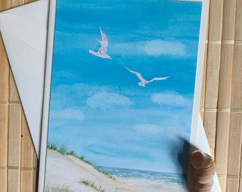 Watercolor folding card sea/beach/seagulls, art card, greeting card, small watercolor, maritime card, maritime watercolor, sea, island, travel