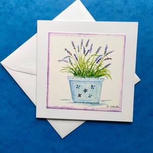 Handgemalte originale Karte, mit Umschlag (kein Druck!), Lavendel im Blumentopf, Aquarellkarte, Blumenkarte, Originalkunst,Lavendel Aquarell