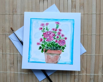 Carte de vœux et de félicitations originale peinte à la main avec enveloppe (pas d'impression !), géranium dans un pot de fleurs, carte aquarelle, unique, été, cadeau