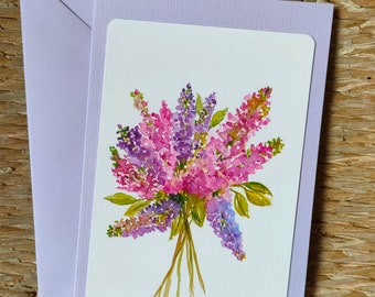 Carte aquarelle lilas, carte peinte à la main, carte de voeux, fleurs, floral, botanique, tirage d'art, petite aquarelle, carte anniversaire, merci