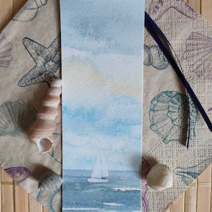 Watercolor bookmark sailboat, fine art print, small maritime gift, souvenir, painted bookmark, sailing