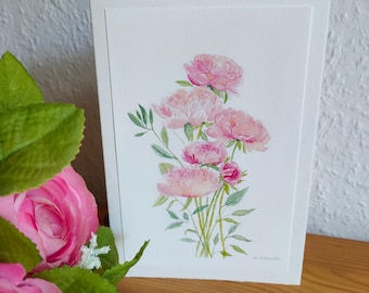 Art card with envelope/ Peonies/ Watercolor card/ Hand-painted greeting card/ Botanical print/ Floral print/ Floral/Folded card with flowers