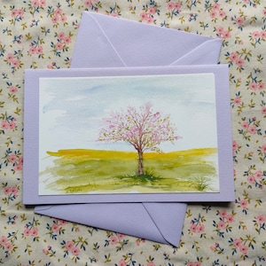 Aquarell Grußkarte "Frühlingsbaum", Kunstkarte, Kirschblüten, Aquarell Landschaft, Blumendruck, Karte Frühling, liebe Grüße, zum Geburtstag