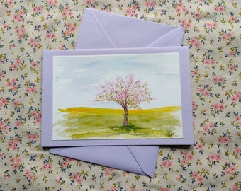 Watercolor folding card with envelope "Spring Tree", art card, cherry blossoms, Easter card, spring card, best wishes, birthday