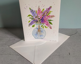 Hand-painted card/ Lilacs in a vase/ Original watercolor/ Watercolor card/ Folded card with envelope/ Unique item!