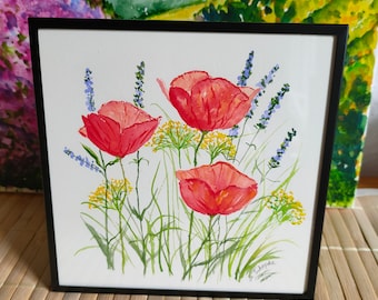 Originales Aquarellbild inklusive Bilderrahmen, Lavendel / Mohnblumen, handgemaltes Unikat, Blumengemälde, Blumenaquarell, floral, botanisch