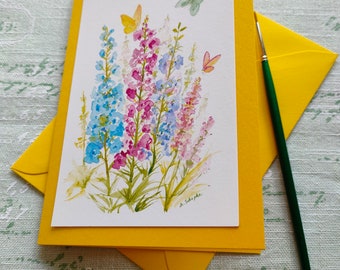 Carte de voeux peinte, delphiniums et papillons, aquarelle, carte botanique, petite photo fleur, carte aquarelle, fleurs, anniversaire, merci