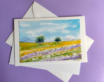 Kunstkarte Lavendelfeld, Provence, Aquarellbild, handgemalte Grußkarte, Fine-Art Print, Aquarellkarte, Lavendel, Geburtstagskarte, DIN B6