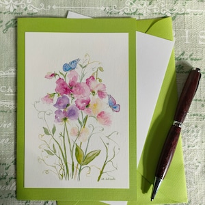 Gemalte Grußkarte, Wicken/Schmetterling, Aquarell, Fine-Art Print, botanische Karte, kleines Blumenbild, Aquarellkarte, Blumen, Gartenblumen