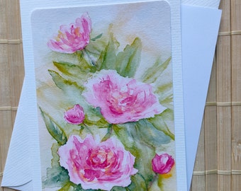 Carte aquarelle/pivoines/impression aquarelle/carte peinte/aquarelle rose/carte de voeux/carte fleur/félicitations/anniversaire/meilleures salutations