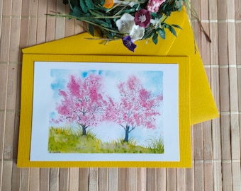 Cherry trees/Watercolor/Art card/Congratulations/Spring card/Watercolor card/Hand-painted, Card/Art print Flowers/Floral/Botanical