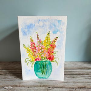 Handgemalte Karte Löwenmäulchen/Vase Original Aquarell Aquarellkarte Faltkarte mit Umschlag Unikat