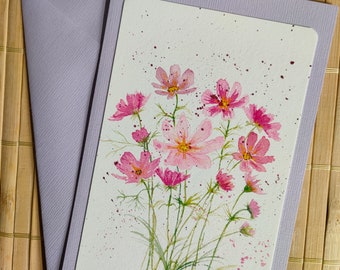 Kosmeen, Cosmea, Kunstkarte, Blumenkarte, Faltkarte, gemalte Aquarellkarte, Kunstdruck, floral, Print, botanisch, kleines Aquarell