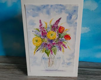 Watercolor/Card/Spring Bouquet/Vase/Lilacs/Watercolor Card/Botanical Print/Floral/Spring