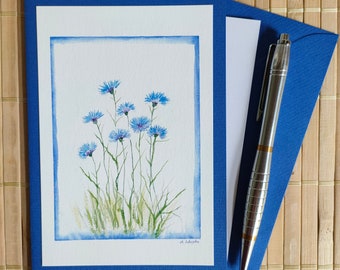 Kornblumen, Kunstkarte, Aquarell,  Fine Art, handgemalte Karte, Blumendruck, Wildblumen, Blumenaquarell, botanisches Aquarell