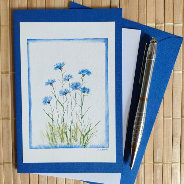 Kornblumen, Kunstkarte, Aquarell,  Fine Art, handgemalte Karte, Blumendruck, Wildblumen, Blumenaquarell, botanisches Aquarell