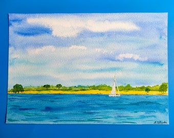 Aquarell/Segelboot/Meer/Segelboot/Meer/Sommerlandschaft/handgemalt/maritim/Originalgemälde/Segeln/Originale Wandkunst/Kunst/Geschenk