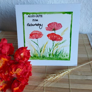 Handgemalte originale Gruß- und Glückwunschkarte mit Umschlag (kein Druck!), Mohnblumen/Gräser, Aquarell, Geburtstag, Blumen Grußkarte