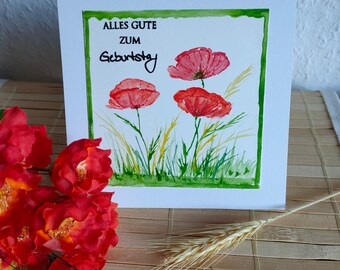 Handgemalte originale Gruß- und Glückwunschkarte mit Umschlag (kein Druck!), Mohnblumen/Gräser, Aquarell, Geburtstag, Blumen Grußkarte