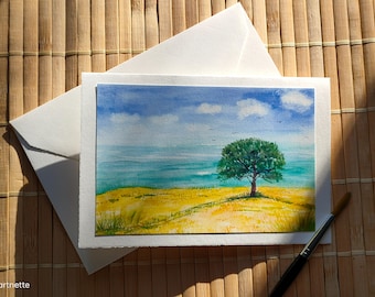 Olive tree, sea, southern landscape, map, watercolor, art map, Mediterranean, travel, gift