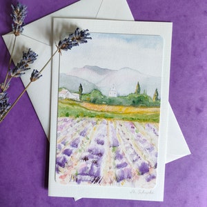 Kunstkarte Lavendelfeld, Provence, Aquarellbild, handgemalte Grußkarte, Fine-Art Print, Aquarellkarte, Lavendel, Geburtstagskarte, DIN B6