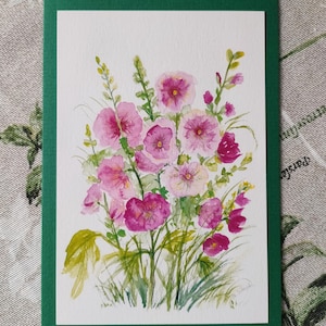 Kunstkarte Stockrosen/Wiesenblumen/ Aquarellbild/ handgemalte Grußkarte/ botanischer Druck/Blumendruck/floral