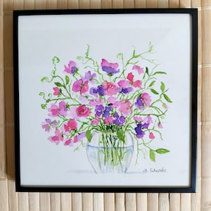 Original Aquarell Wicken/Vase, inklusive Bilderrahmen, Unikat, Blumengemälde, botanische Kunst, originales Blumenbild, gerahmt, Geschenk