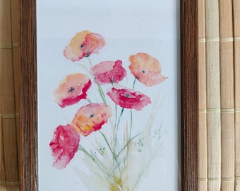 Gerahmtes kleines Mohnblumen-Aquarell, Kunstdruck in einem Holz-Bilderrahmen, Aquarelldruck, Geschenk,, Geburtstag, Mohnblumen