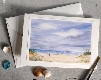 Watercolor card "Beach Walk", painted greeting card, sky, sea, watercolor painting, art card, maritime watercolor, birthday, anniversary