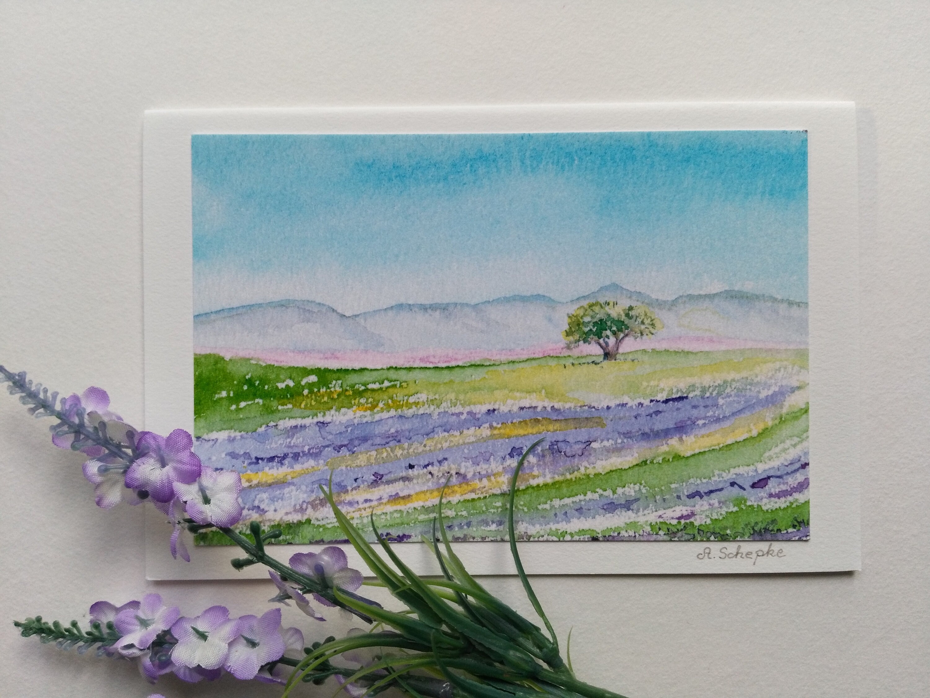 Painted Greeting Card Double Card Lavender Fine-Art Print Watercolor Art Card Lavender Field Birthday Card Provence Watercolor Card