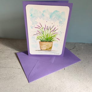 Handgemalte Faltkarte Lavendel/Blumentopf, mit Umschlag,  Unikat, Einzelstück, kleines Aquarellbild, Lavendel Kunst, originale Blumenkarte