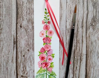 Bookmark, hand-painted, unique, hollyhock, birthday gift, flowers, watercolor, small gift, thank you