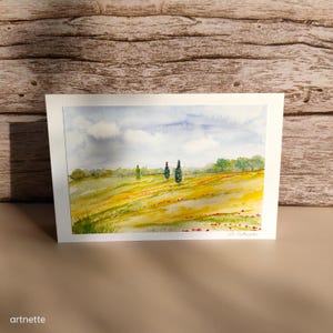 Aquarell Grußkarte Toskana, handgemalte Karte, Mohnblumen, Fine art print, mediterrane Landschaft, Aquarell-Karte, Faltkarte mit Umschlag