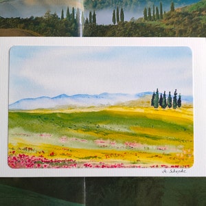 Aquarell Grußkarte Toskana, Kunstkarte, handgemalte Karte, Mohnblumen Bild, Fine art print, mediterrane Landschaft, Aquarell-Karte
