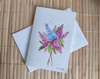 Carte d'art peinte à la main (pas une impression !), lilas, aquarelle originale, petite aquarelle, aquarelle fleurie, carte anniversaire, merci, carte fleurs