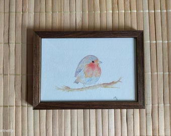 Aquarelle encadrée de petit merle, impression d’art, image d’oiseau, image d’aquarelle, cadeau, cadre d’image en bois, cadeau, anniversaire