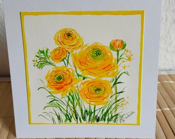 Hand-painted original greeting and congratulations card with envelope (no print!), ranunculus, spring, small gift, birthday