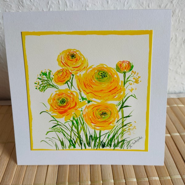Hand-painted original greeting and congratulations card with envelope (no print!), ranunculus, spring, small gift, birthday