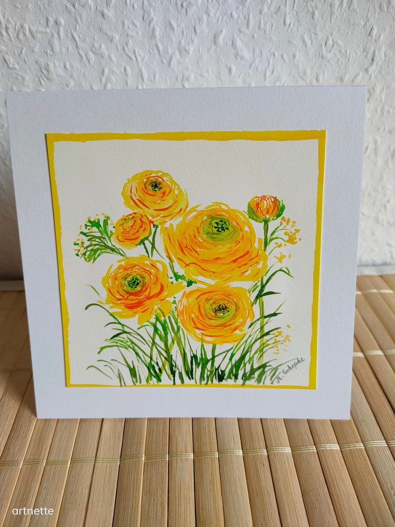 Hand-painted original greeting and congratulations card with envelope no print, ranunculus, spring, small gift, birthday image 1