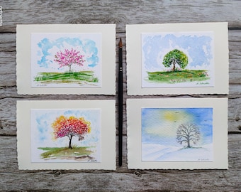 4 hand-painted original cards (folding cards) including envelopes, card set, 4 seasons watercolors, small landscape paintings, unique pieces