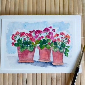 Kunstkarte mit Umschlag/Aquarell-Karte/Geranien/Sommerblumen/Gartenblumen/handgemalt/Grußkarte/botanische Karte/Blumendruck/Geburtstagskarte