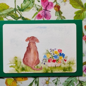 Aquarell-Karte "Hundegruß", Faltkarte mit Umschlag, Hunde, Blumen, Kunstkarte, Grußkarte, Geburtstagskarte, gemalte Karte, Haustiere