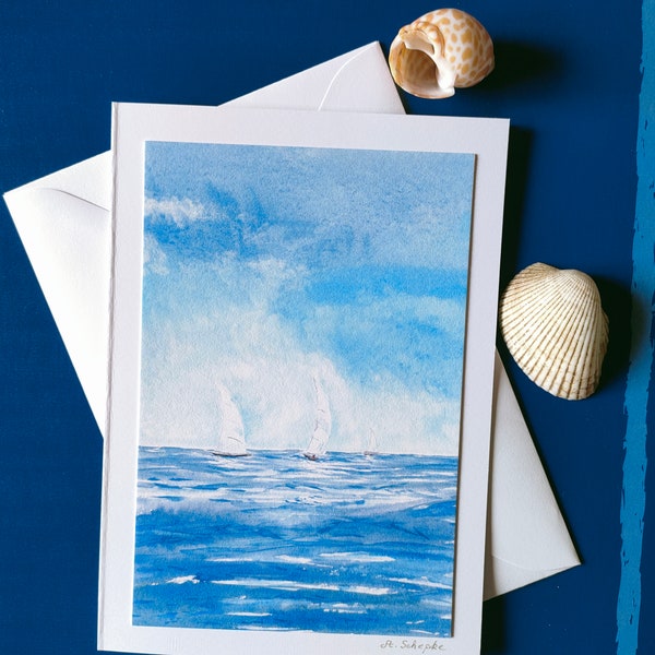 Aquarell-Karte,Segelboote/Meer, Faltkarte,gemalte Grußkarte, Wolken Himmel,Aquarellbild, maritim, Kunstkarte, Segeln,Geburtstagskarte,Reisen