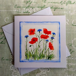 Handgemalte originale Gruß- und Glückwunschkarte mit Umschlag (kein Druck!), Mohnblumen/Kornblumen, Aquarell, Geburtstag, Geschenk
