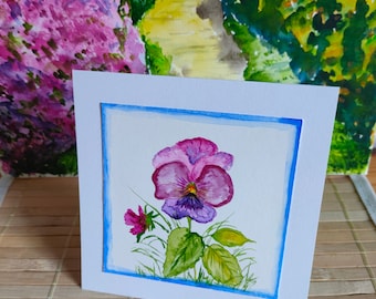 Handgemaltes Originalaquarell (kein Druck), Gruß- und Glückwunschkarte mit Umschlag, Stiefmütterchen, Blumenbild, Geschenk, Muttertagskarte