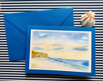 Aquarell-Karte, Strand Segelboot Insel Meer, gemalte Grußkarte, Reisen, Urlaub, maritime Deko, Faltkarte mit Umschlag