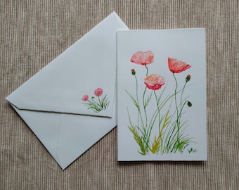 Handgemalte originale Kunstkarte (kein Druck!) mit Briefumschlag, Mohnblumen,Aquarellkarte, Unikat, Wiesenblumen, Geburtstagskarte,Grußkarte