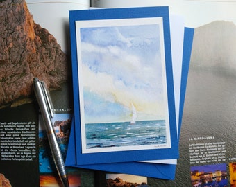 Aquarellkarte/Segeln/Meer/Urlaub/Grußkarte/Geburtstagskarte/Geschenk/gemalte Karte/Kunstdruck/Segelboot/Aquarell