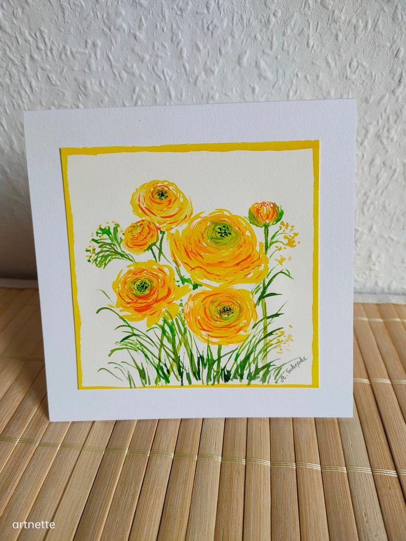Hand-painted original greeting and congratulations card with envelope no print, ranunculus, spring, small gift, birthday image 4